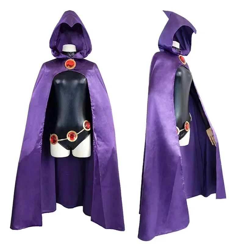 Teen  Raven Cosplay Costume Superhero Cloak Jumpsuits  Halloween Tight clothes + Cape + waist jewelry chain