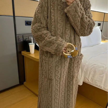 Thickened Warm Bathrobe Women Coral Velvet Padded Pajamas Dress Winter College Student Homewear Plus Size Ladies Striped