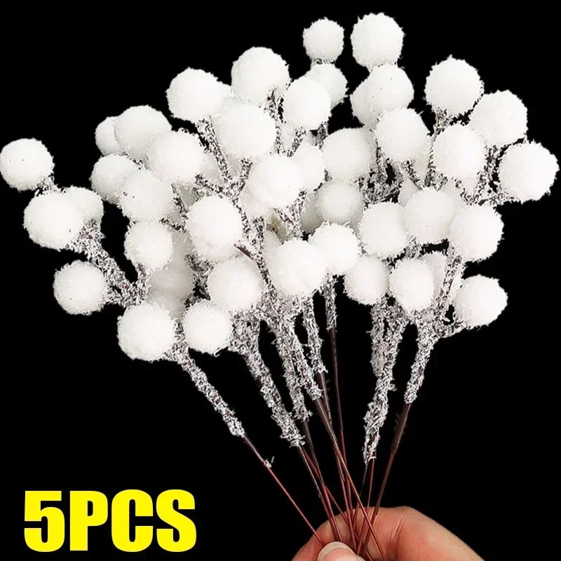 5/200pcs Artificial White Berry Stem Frosted Christmas Berries Branch Snow Tipped Stems Twigs Wreath Xmas Tree Fillers Ornament