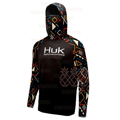 Camisas HUK Fishing Hoodies com Capuz Máscara Protetora para Pesca Roupas de Pesca Masculinas Manga Longa Respirável Proteção UV UPF50+ Camisetas de Pesca