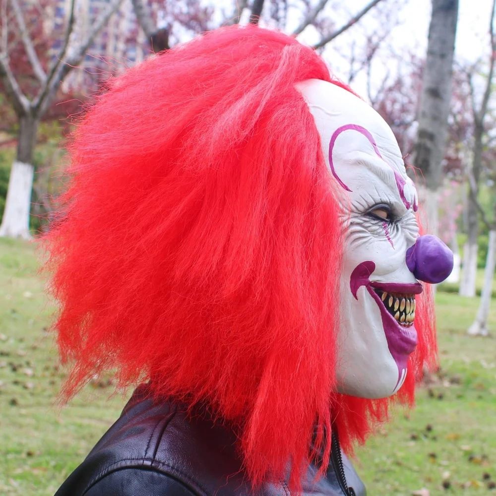 Evil Grinning Clown Mask Purple Nose Red Wig Latex Mask Halloween Carnival Haunted House Bar Prank Cosplay Costume Accessory