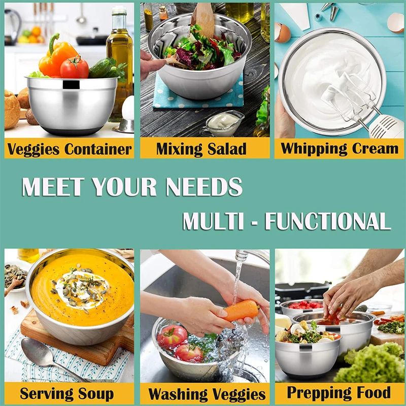 Silicone base thickened with lid cooking basin anti slip salad mixing bowl stainless steel egg beater bowl for kitchen baking