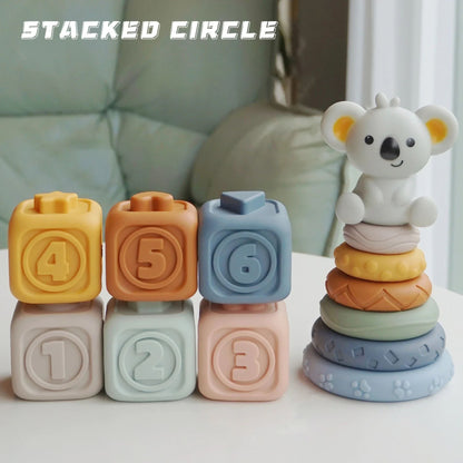 Blocos de Empilhar de Silicone Macio Brinquedo Cubos Macios de Montar Torre de Banho Mordedor Chocalho Blocos de Construção Brinquedos Educacionais Montessori Presente para Recém-Nascidos