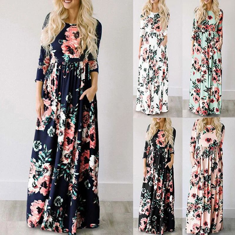 Women Summer Floral Print Maxi  2025 Loose White Boho Beach Dress Women Vintage