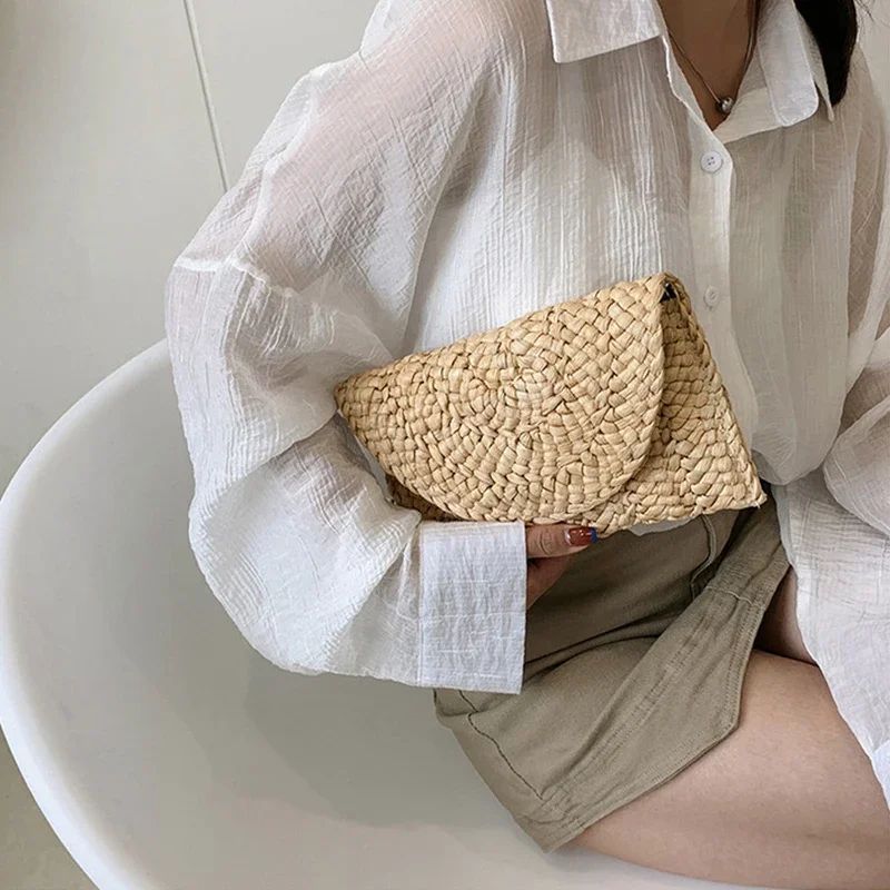 Fashionable Corn Husk Straw Bags Hand-woven Women Clutch Envelope Handbag Long Purse for Female Summer Beach Bag Bolsa 2024