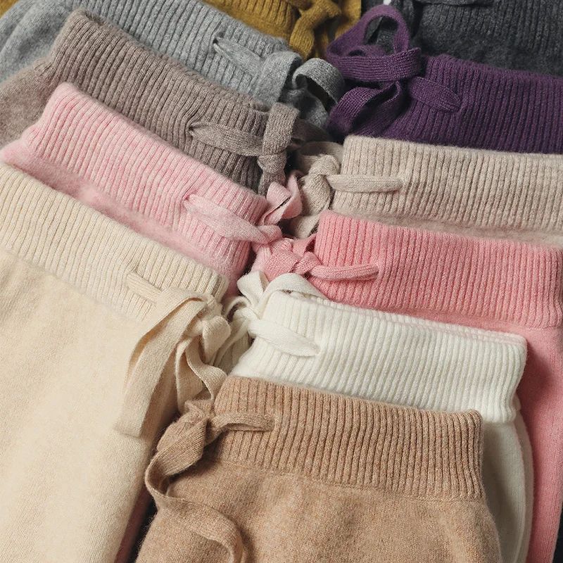 Spring Autumn Women High Waist Wool Wide Leg Pants Solid Soft Warm 100% Merino Wool Knitted Trousers Belt Casual Korean Fashion