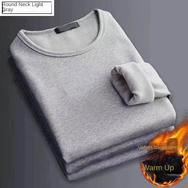 2PCS Men's Underwear Winter Long-sleeved Thermal Underwear Plus Velvet Padded T-shirt O-Neck Solid Color Slim Bottoming Shirt