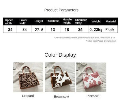 New Women Soft Plush Hand Bag New Winter Leopard Cow Print Tote Bags Female Pu Leather Underarm Bags Furry Fluffy Shoulder Bag
