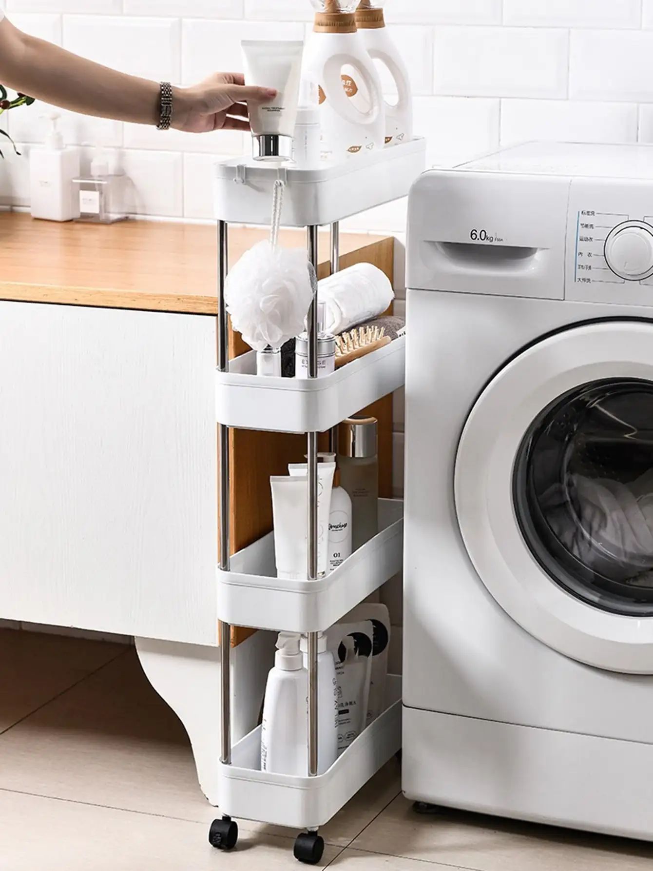 Rack de armazenamento móvel com 3/4 níveis para espaços estreitos, carrinho utilitário com rodinhas, prateleira organizadora fina para cozinha, banheiro e sala de estar