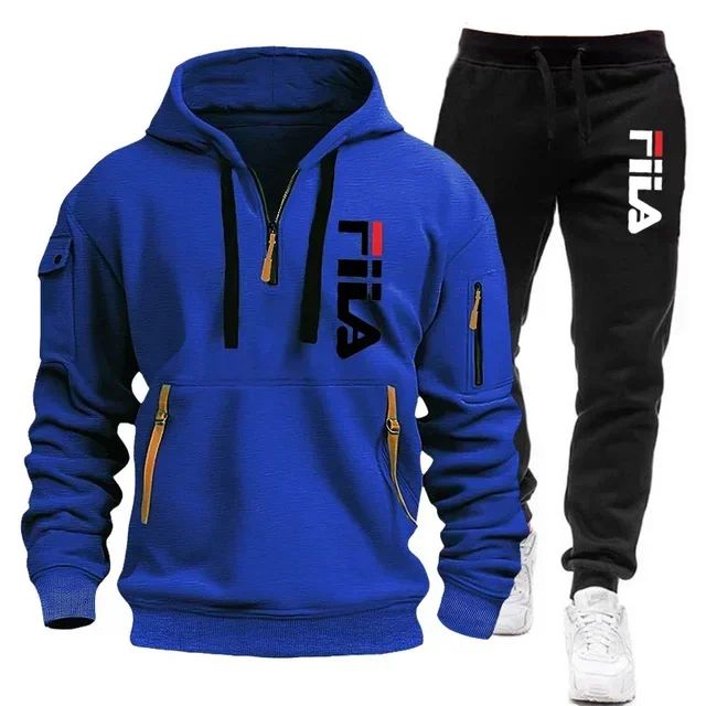Men's set 2025 Autumn/Winter new Men's hooded sweatshirt + long pants two-piece set, outdoor multi-pocket men's pullover sportsw