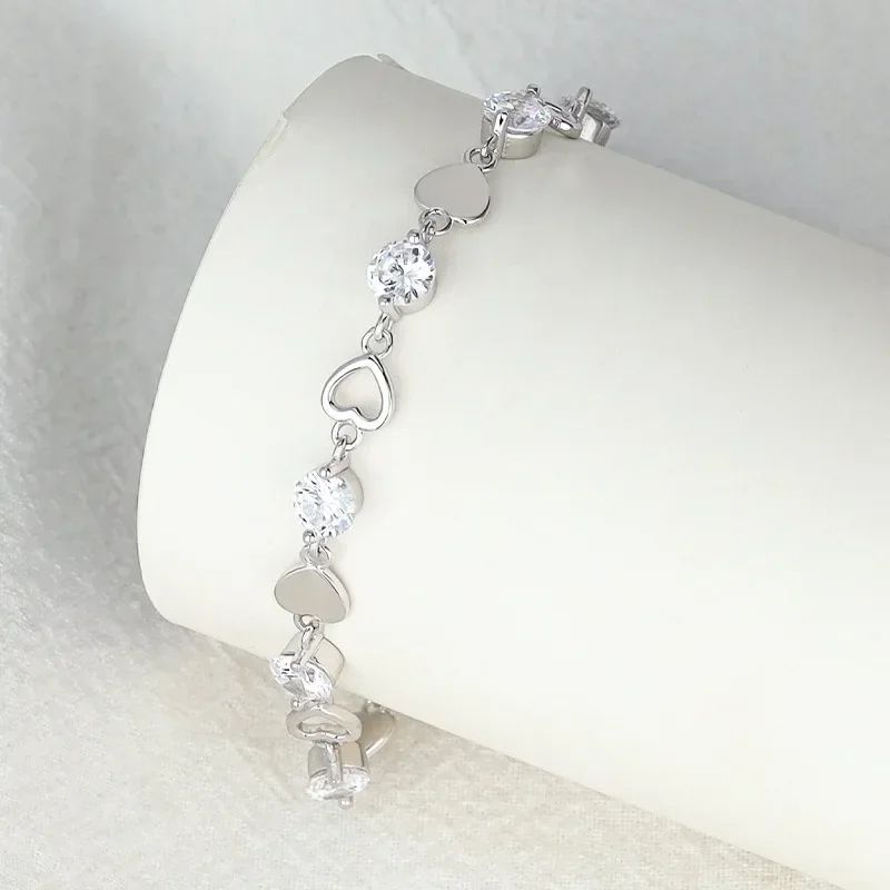 Pulseira de Luxo Coração Vazado Prata 925 Zircônia para Mulheres Joias de Festa Presentes de Moda Coreana Doce e Estilosa