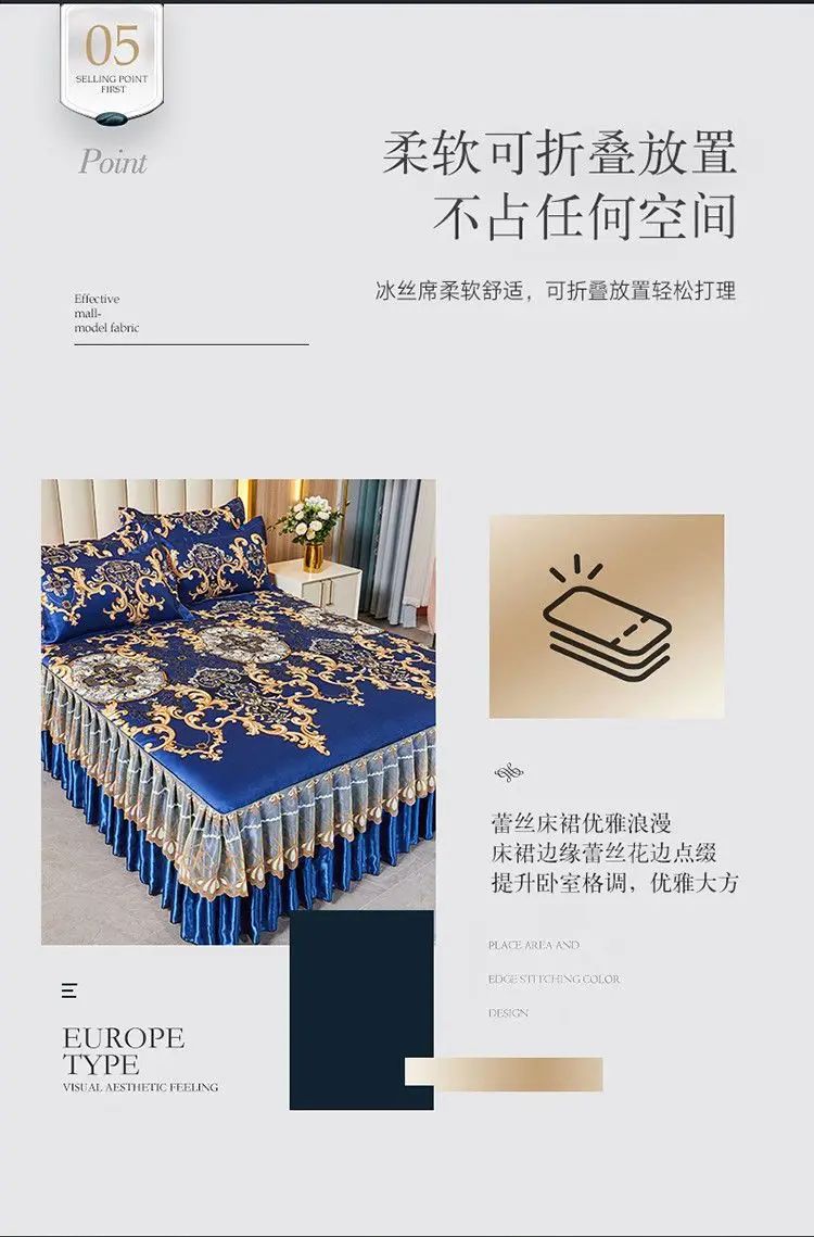 Kit 3 Peças de Lençol de Casal com Renda Clássica Azul Royal, Saia para Cama, Colcha de Casamento Lavável à Máquina, Capa de Colchão