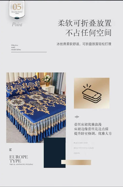 Kit 3 Peças de Lençol de Casal com Renda Clássica Azul Royal, Saia para Cama, Colcha de Casamento Lavável à Máquina, Capa de Colchão