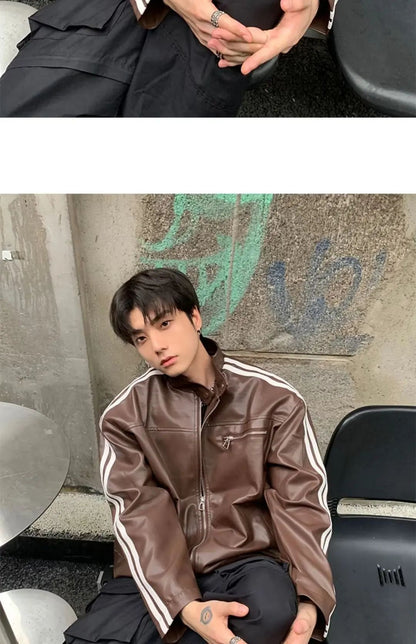 Retro Leather Jacket Men Women  American Patchwork Strip Racing Outerwear Loose Hip Hop Zippers Brown PU Coat Streetwear Spring