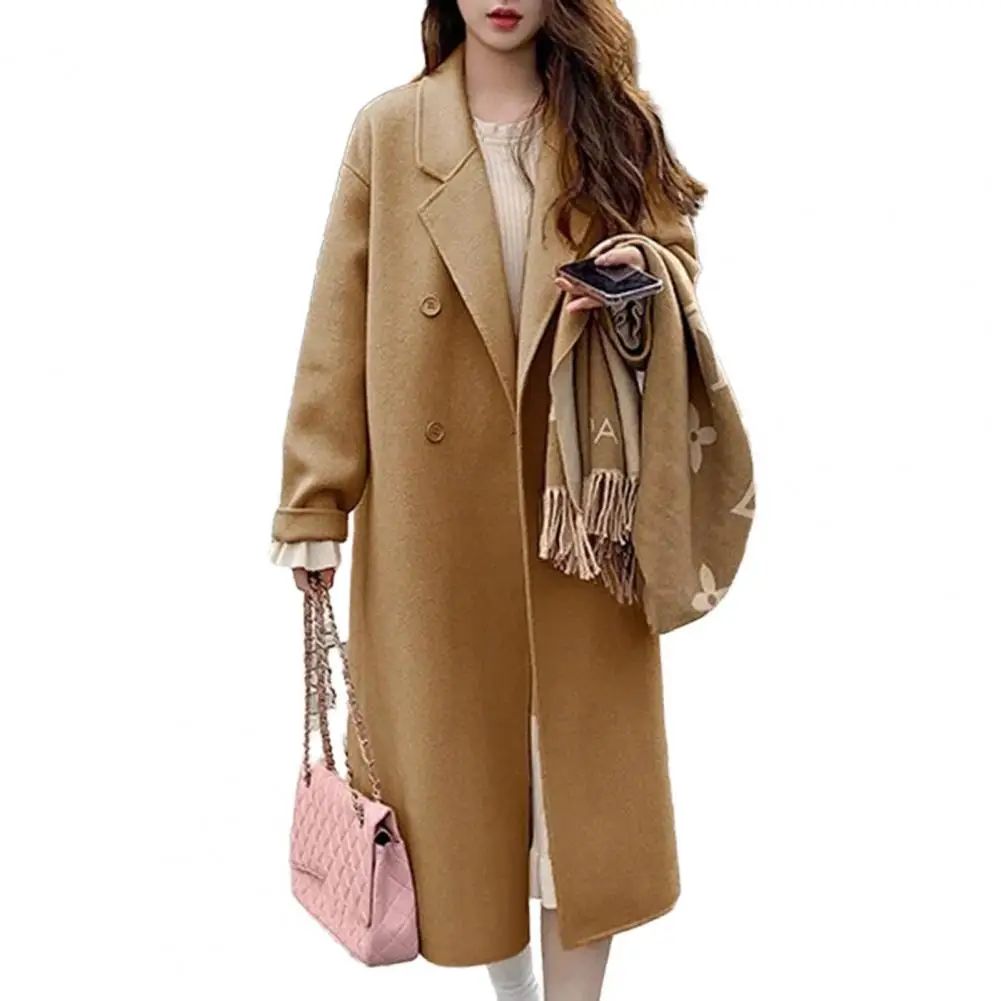 Women Coat Double-Breasted Mid-length Outerwear Lapel Stylish Warm Mid-Length Double Pockets Winter Coat Lady Accessories