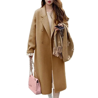 Women Coat Double-Breasted Mid-length Outerwear Lapel Stylish Warm Mid-Length Double Pockets Winter Coat Lady Accessories