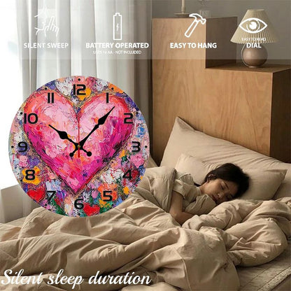 Heart Art Floral Wooden Round Silent Hanging Wall Clock, Suitable For Living Room, Office, Study Room, Bedroom, Home Decoration