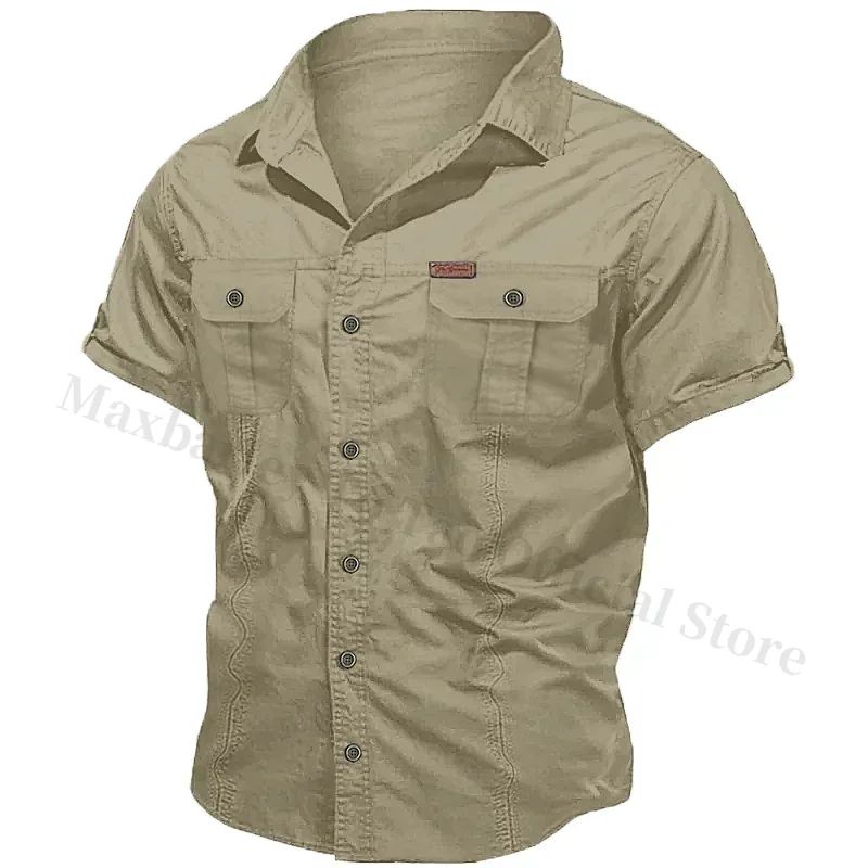 New Men's Work Shirt Casual Retro 100% Cotton Short Sleeve Flying Cargo Shirt Men's Summer Fishing Hunting Multi Pocket Shirt