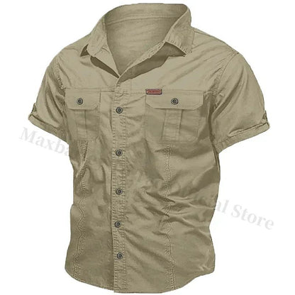 New Men's Work Shirt Casual Retro 100% Cotton Short Sleeve Flying Cargo Shirt Men's Summer Fishing Hunting Multi Pocket Shirt