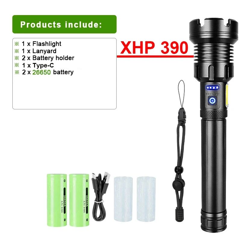 2025 New 15000mAh XHP390 Flashlights 10000000LM Ultra Powerful Flashlight Zoom USB Rechargeable Lantern Outdoor Camping Torch