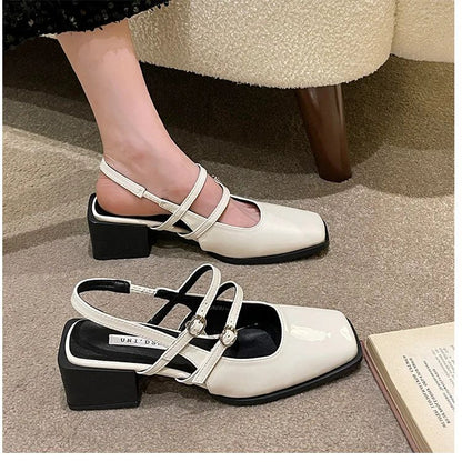 2024 Spring New Retro Small Leather Shoes Square Head Double Buckle Strap Mary Jane Thick Heels Sandals for Women