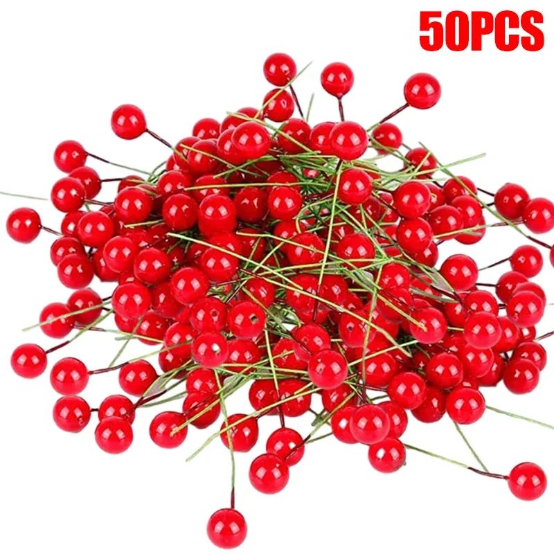 5-100Pcs Artificial Holly Berry Green Leaves Christmas Ornaments Gold Red Holly Berry Stems Xmas Tree Wreath Gifts Party Decor