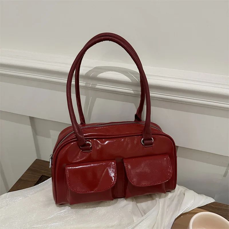 Vintage Women Business Shoulder Bags Simple Ladies Commute Tote Bag Pu Leather Female Underarm Bag Burgundy Large Handbags Purse