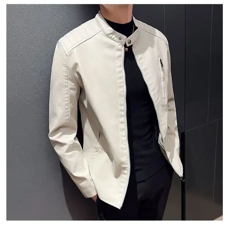 Stand Collar Solid Color White Black Leather Jacket Zip Up PU Coat Men's Motorcycle Leather Jacket Male Spring Autumn Casual
