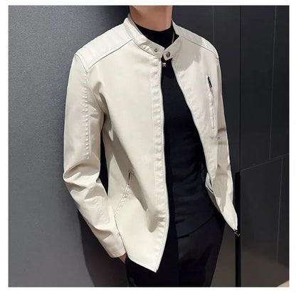 Stand Collar Solid Color White Black Leather Jacket Zip Up PU Coat Men's Motorcycle Leather Jacket Male Spring Autumn Casual