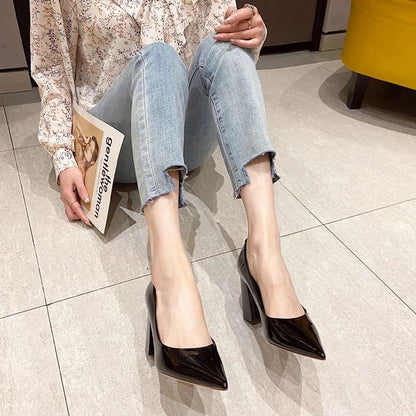 Women Shoes Patent Leather Slip-On Chunky Heels High Heels Women Temperament Pointed Toe Shallow Sexy Wedding Shoes Pumps