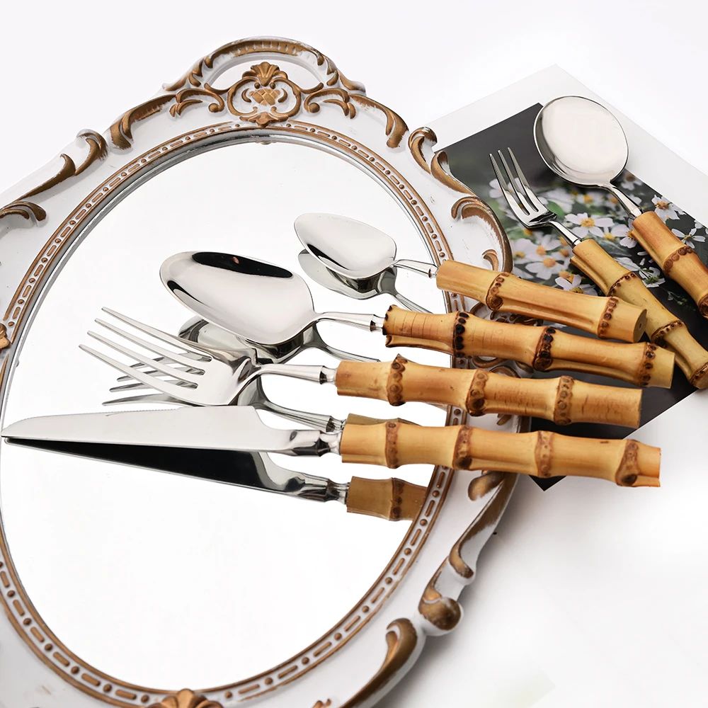 1Pç Conjunto de Talheres de Bambu Natural com Cabo de Aço Inoxidável Utensílios de Mesa Garfos de Jantar Colher Faca Talheres de Cozinha