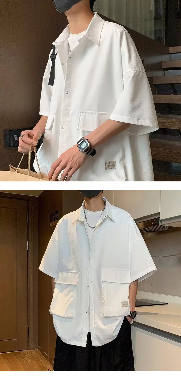 Men's Retro Large Pocket Cargo Shirt Jacket Coat Summer Loose Casual Short Sleeved Shirt For Men Y2k Japan Korea Streetwear
