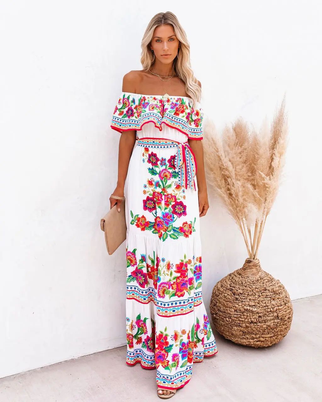 2024 Spring Summer New Independent Stand Amazon Off-shoulder Red Flower Printing Long Dress Oversized Wide Hemline Sleeveless