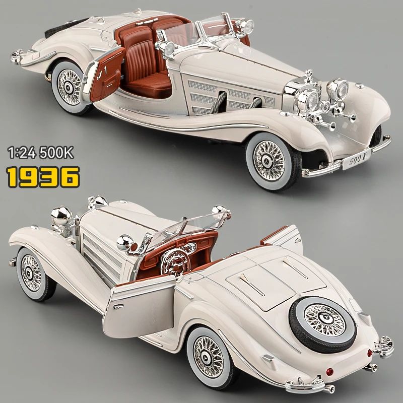 Simulação 1/24 Escala Benz 500K 1936 Clássico Modelo Carro Vintage Com Caixa de Exibição Presente de Aniversário Menino Coleção Miniatura Carro