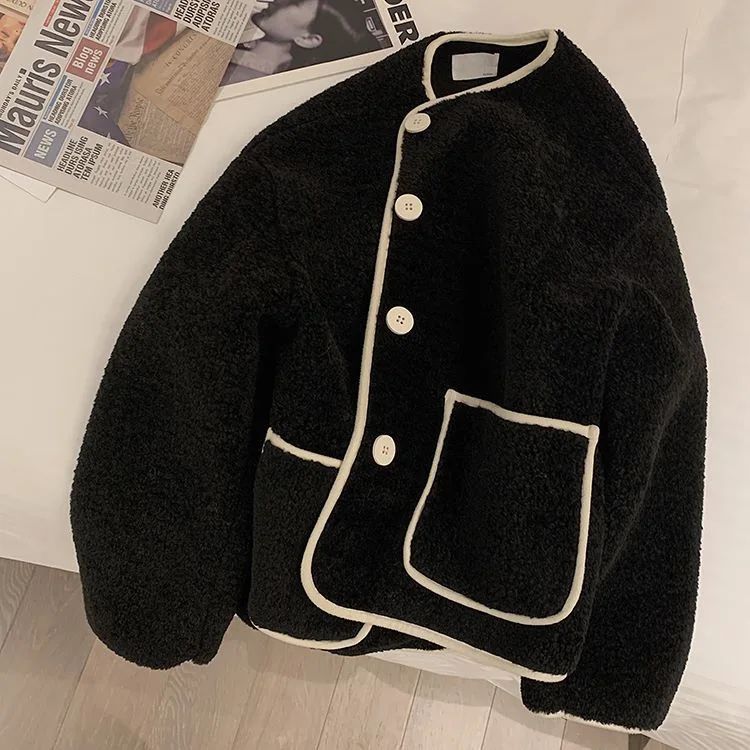 Korean Style Short Lamb Fur Jacket Women's Crew Neck Lazy Style Outerwear Autumn Winter New Arrival Soft Cozy round Neck Top