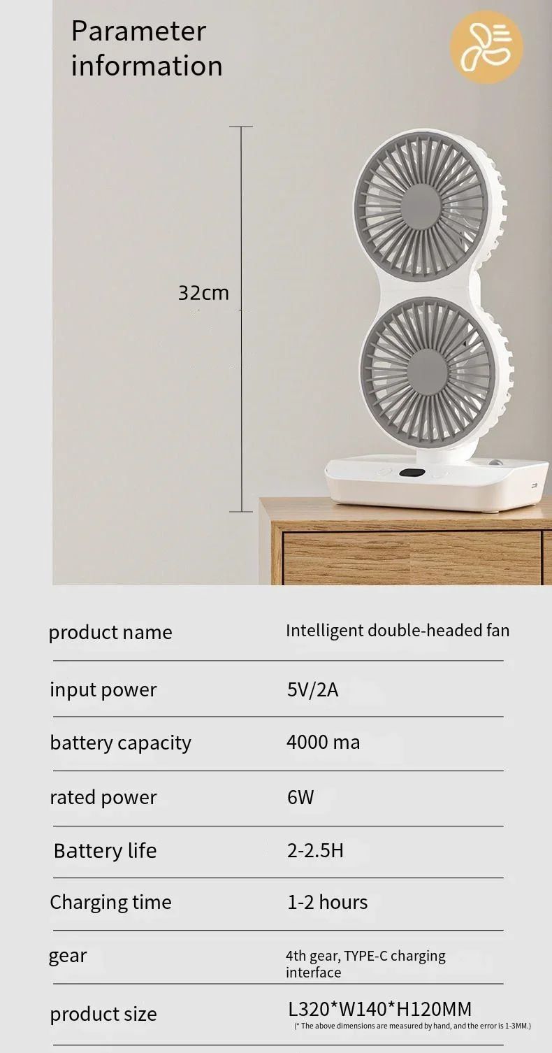 Multi Function Double Head Shaking Fan with 4 Gears Adjustable Speed HD Digital Display Night Lights Portable Cooling Fan