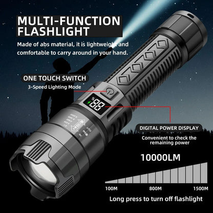 High Strong Power Led Flashlights 2000LM Tactical Torch with Display Light USB Charging Camping Fishing Emergency Zoom Lantern