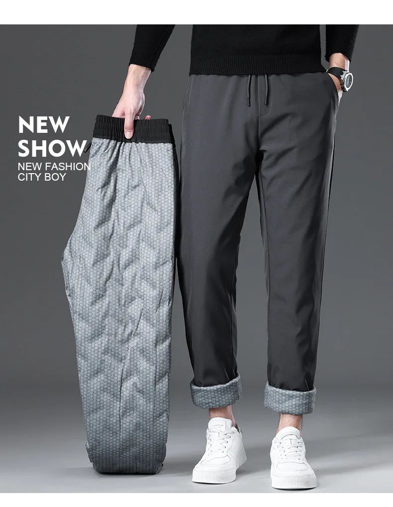 Calça Masculina de Inverno de Pena de Ganso Cintura Elástica Roupa Externa Calça de Pena Casual À Prova de Frio Nova Calça Reta Quente e Engrossada de Inverno