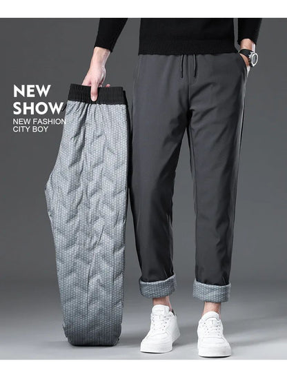 Calça Masculina de Inverno de Pena de Ganso Cintura Elástica Roupa Externa Calça de Pena Casual À Prova de Frio Nova Calça Reta Quente e Engrossada de Inverno