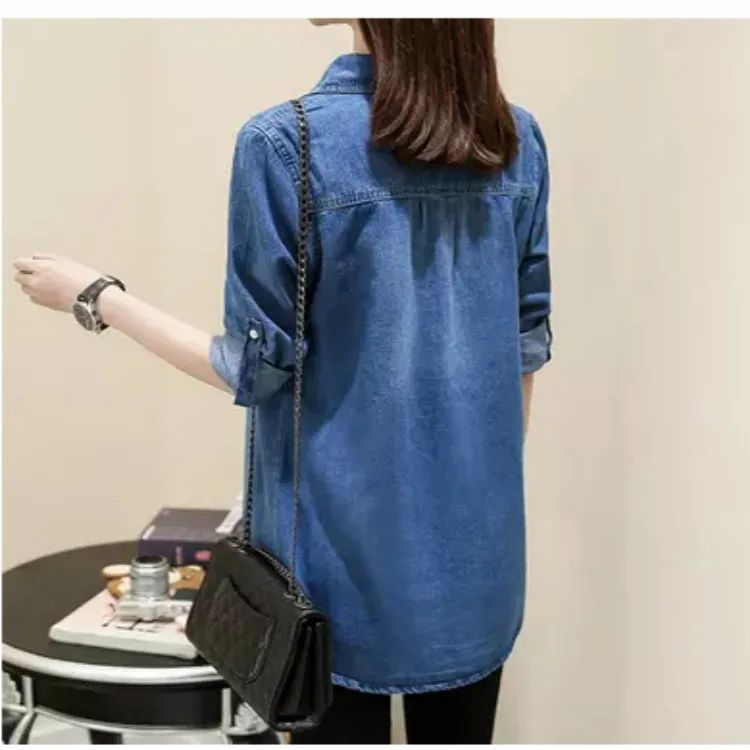 2025 Autumn Winter Medium-Length Slimming Denim Shirt Women's Long Sleeve Underwear Cotton Denim Jacket Plus Size