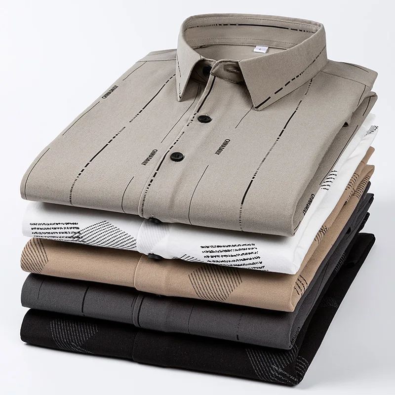 Bamboo Fiber Casual long-sleeve shirts for man elastic Anti-wrinkle striped slim fit formal shirt soft business designer clothes