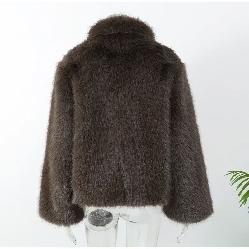 Lady Faux Fur Short Coat Women Lapel Hidden Button Full Sleeve Loose Warm Outwear 2025 New Winter Office Commute Overcoat New