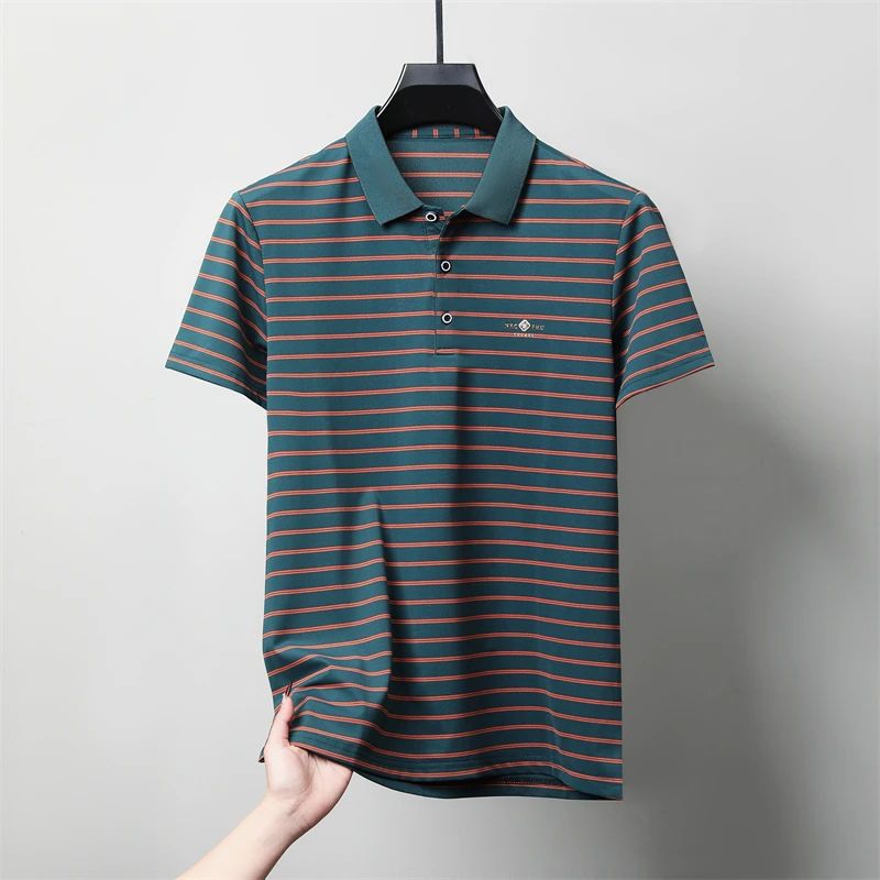 Men's Casual and Fashionable Striped Short Sleeved Polo Shirt Summer Comfortable Sweat Absorbing Breathable and Versatile Top