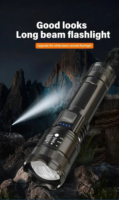Tactical LED Flashlight 2000LM USB Rechargeable Waterproof Grade Zoom Torch Bright Portable Emergency Light for Camping Outdoor