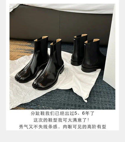 2025 Stretch Slip On Chelsea Boots Woman Split Toe Low Heels Ankle Botas Feminina Tabi Shoes Winter Patent/Matte Leather Botines