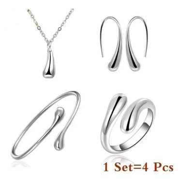 Fashion S925 Sterling Silver Needle Earring Ring Bracelet Set For Women Personality Water Drop Four-piece Jewelry Set Party Gift