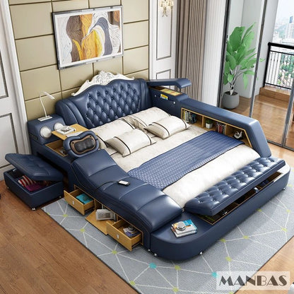MANBAS Ultimate Bed Frame Tech Smart Multifunctional Bed with Genuine Leather, Massage, USB, Bluetooth Speaker, Tatami & Safe