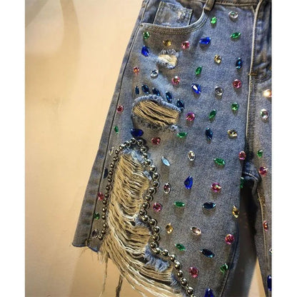 2025 Summer Short Pants High Waist Jeans Hole Shorts Women Stretch Distressed Washed Diamonds Streetwear Straight Denims