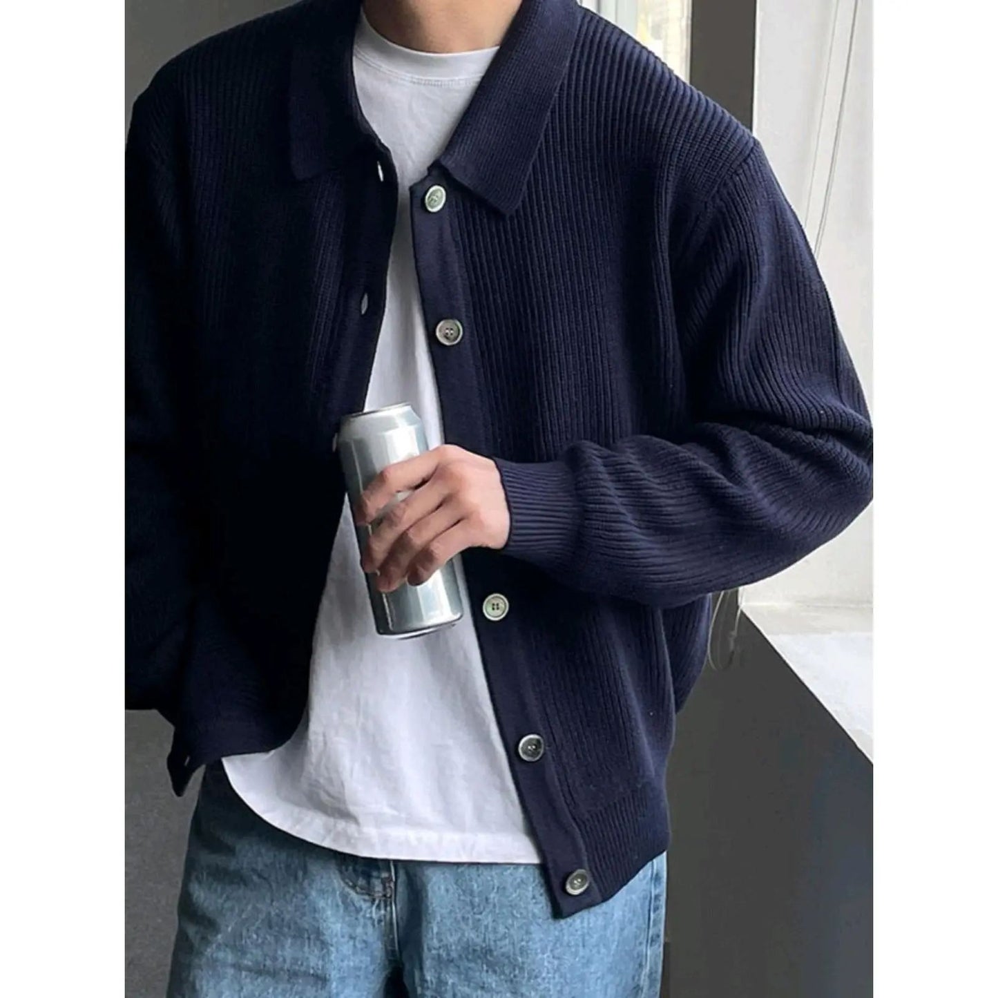 Early Autumn Casual Men's Knitted Cardigan Green Collar Open Front Sweater Trendy Korean Style Dongdaemun Fashion Streetwear
