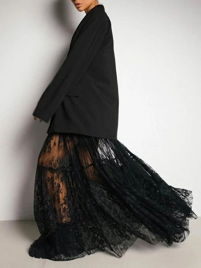 Lace Jacquard Transperant Skirt Women Summer New High Waist Sexy Casual Long Skirts 2025 Streetwear Fashion Black Maxi Skirt